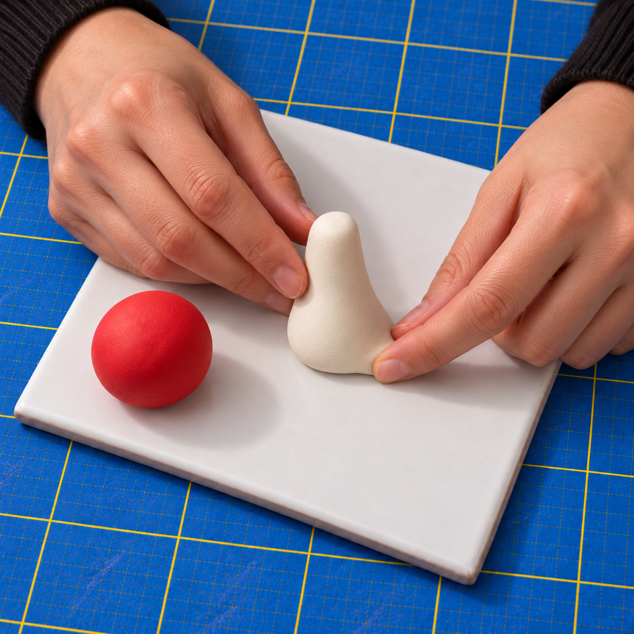 Hands widening the foot of a cream teardrop clay stem on a white tile, with the unshaped red cap ball beside it.