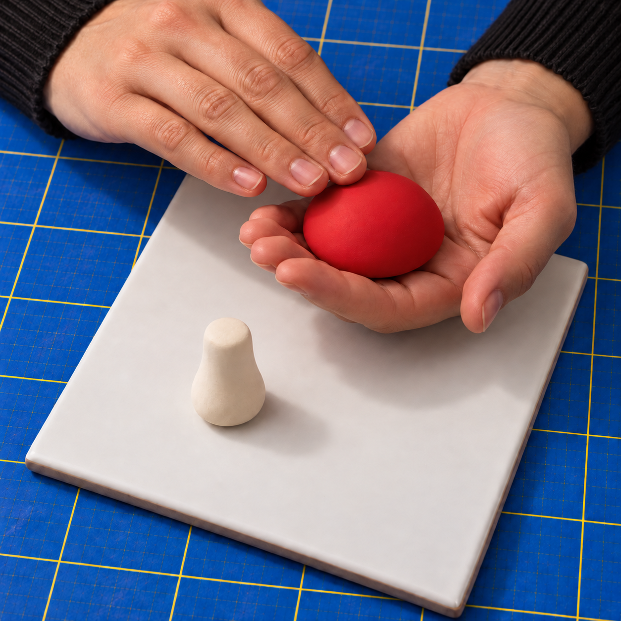 A red polymer clay cap shaped into a plain thick dome in one palm, above a separate cream stem on a tile.