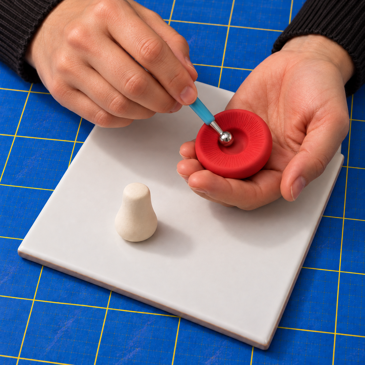 A ball-ended tool pressing a rounded socket into the underside of the red clay cap while the cream stem stands on the tile.