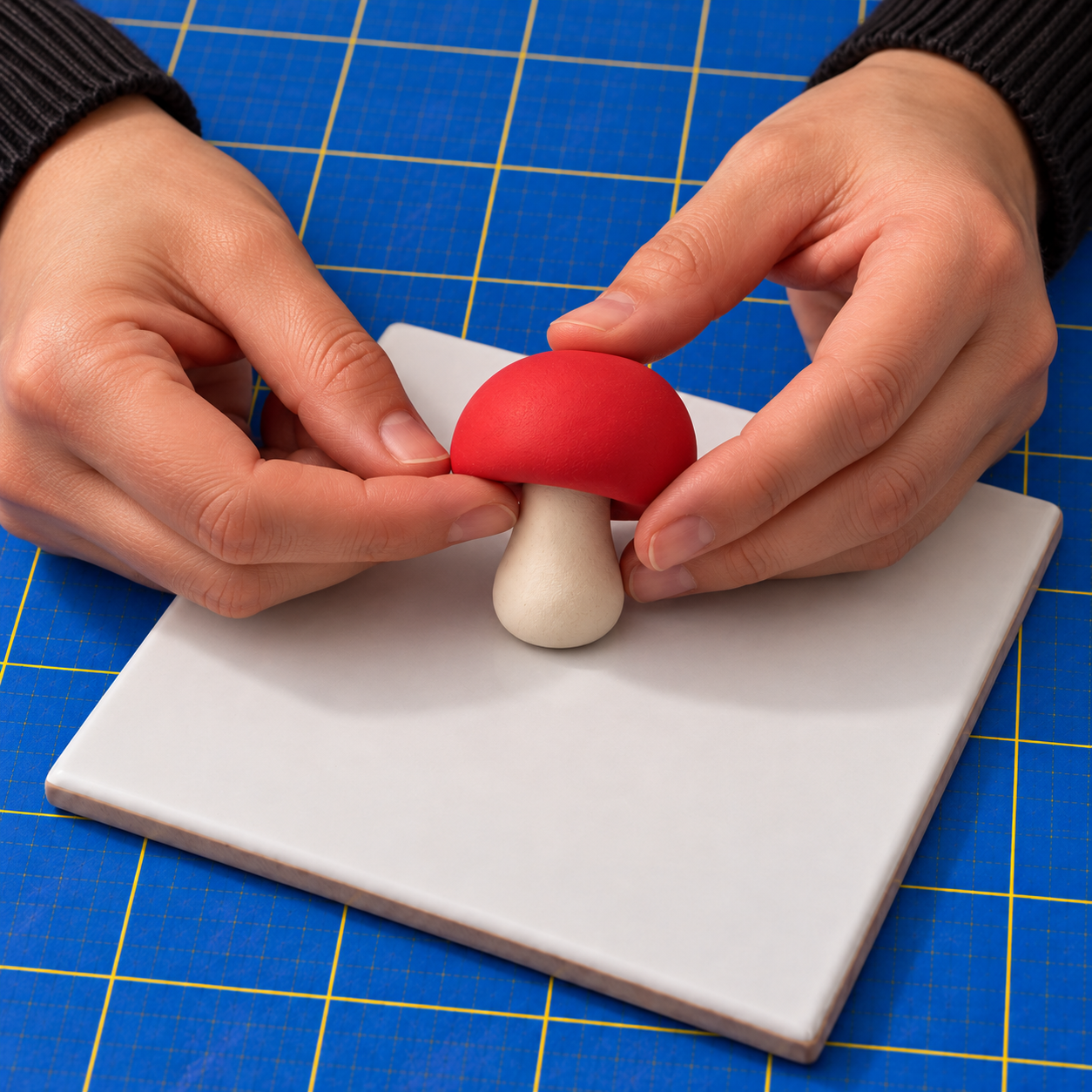 Hands seating a plain red domed cap centrally on a cream polymer clay stem standing on a white tile.