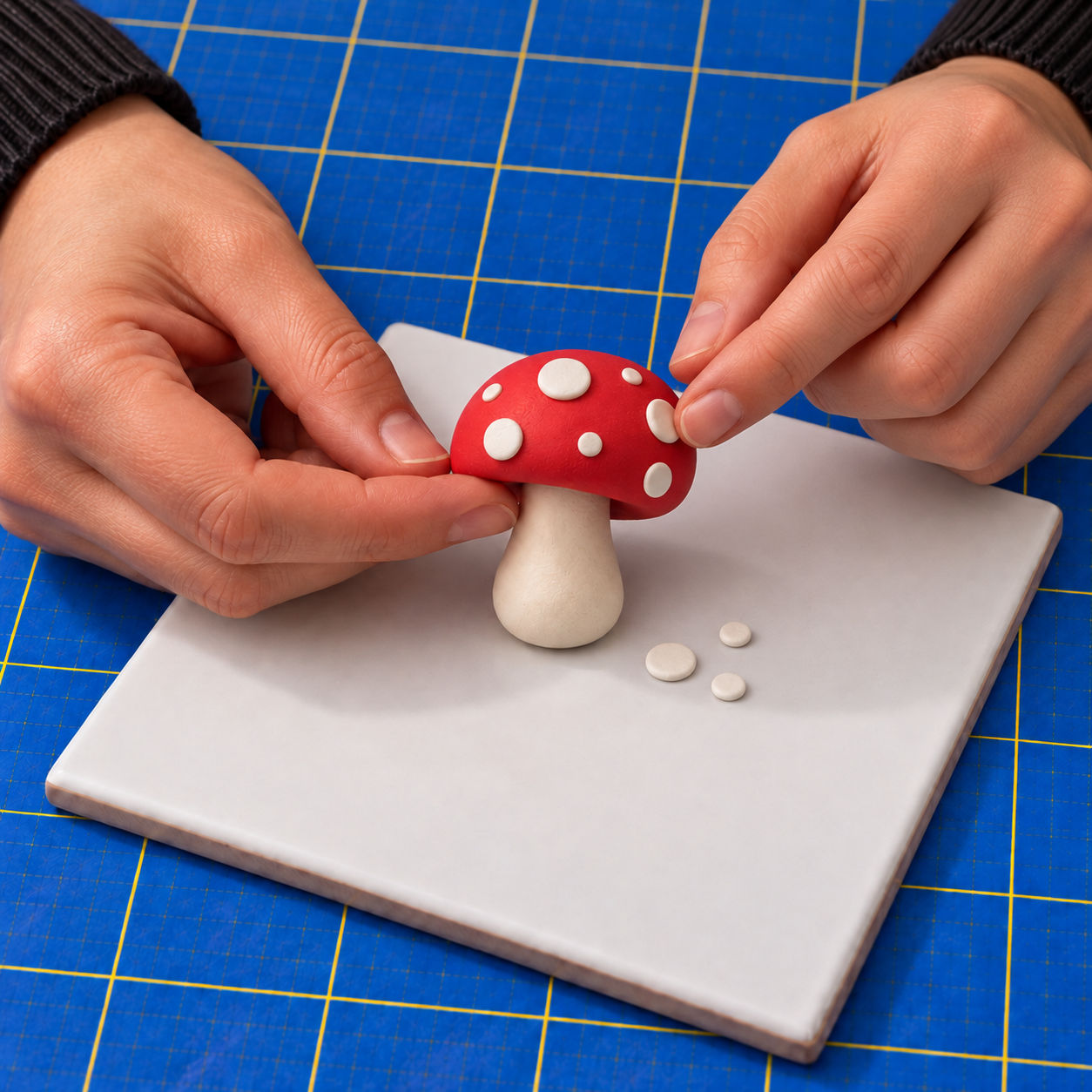 A fingertip pressing a thin white clay spot onto a red mushroom cap, with three spare white spots on the tile.