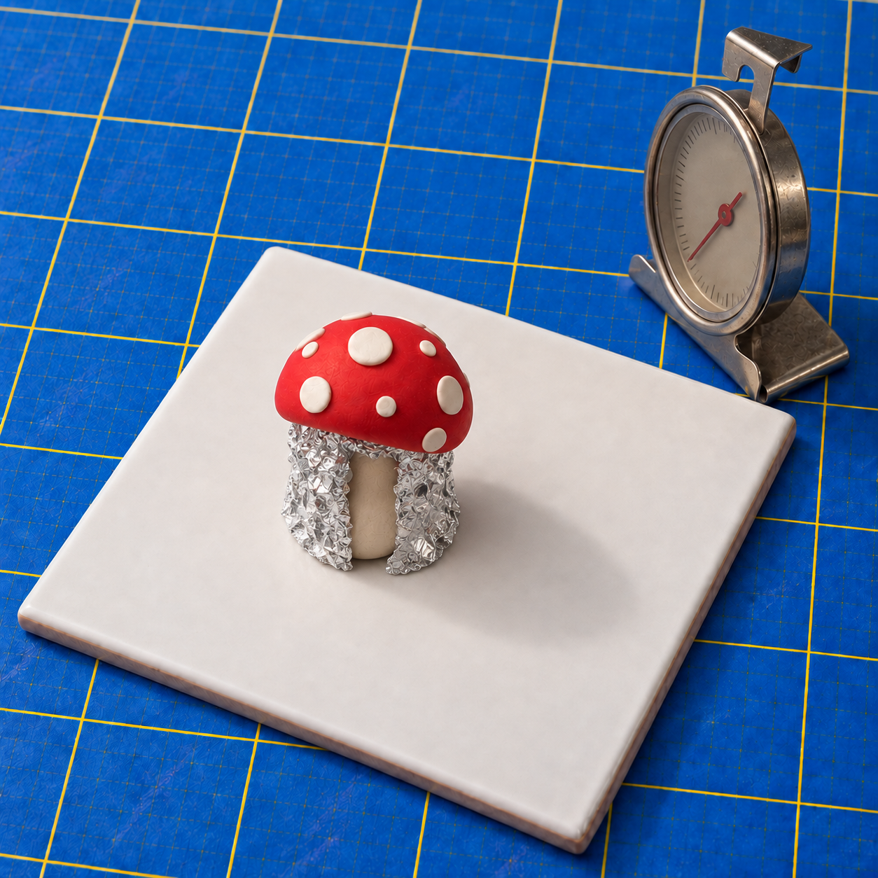 Two crumpled foil supports stand on the tile and touch the underside of a spotted mushroom cap on both sides of its cream stem; a dial oven thermometer stands beside the tile.