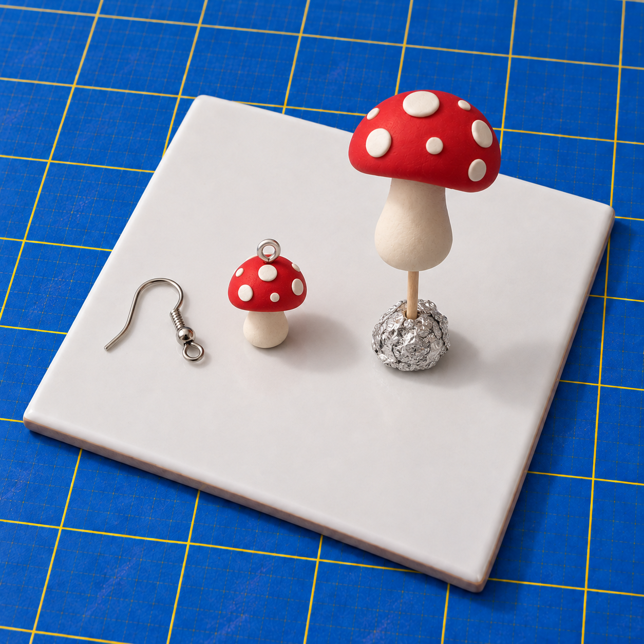 A small spotted mushroom charm with an eye-pin loop and separate fishhook ear wire beside a larger spotted mushroom standing on a toothpick in foil.