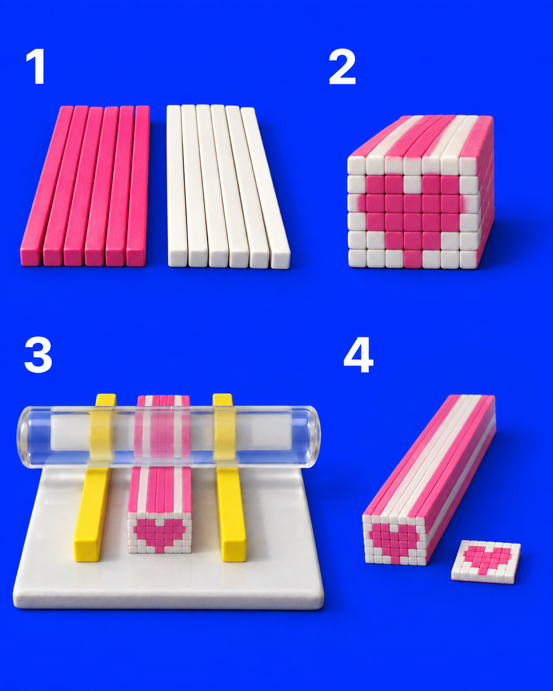 Four stages of a pixel heart cane: pink and white square clay strips, a stacked heart block, the block rolled between height guides, and a smaller heart slice cut from the reduced cane.