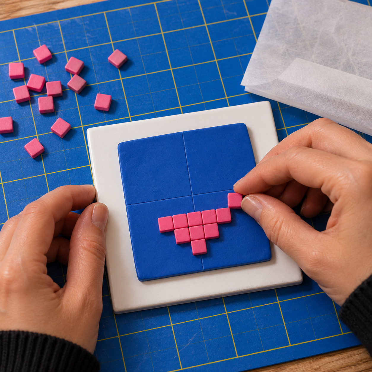 Fingertips place small hot pink clay squares row by row on a cobalt base slab marked with one line across and one down, building the lower half of a pixel heart on a white tile.