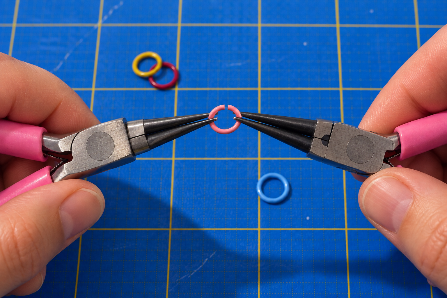 Two pink-handled pliers gripping either side of the gap in a small pink jump ring, twisting the ends past each other above a blue cutting mat.
