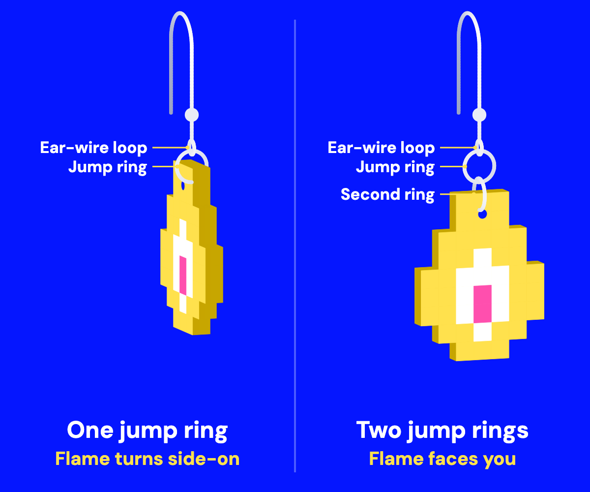 Two fish-hook earrings seen from the front. With one jump ring below the ear-wire loop, the pixel flame shows its edge. With a second ring added, the flame faces forward.
