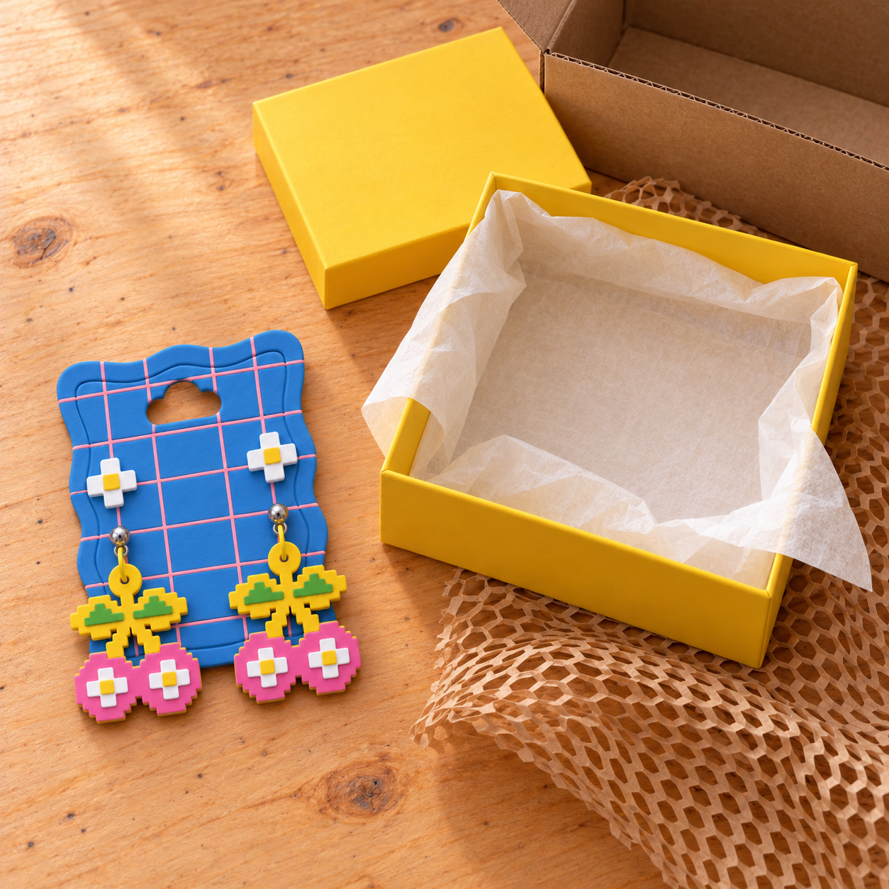 A blue clay card with pink grid lines holds flower studs and Cherry drops beside a large yellow box with white tissue, honeycomb paper and an outer kraft box on plywood.