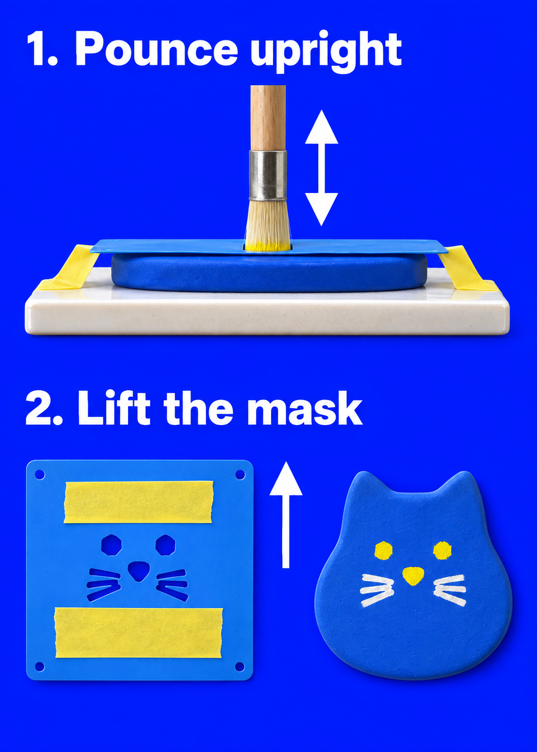 Side-view diagram of a flat-ended stencil brush held upright over a mask on baked clay. Below, the face mask has unused rows covered with tape beside a plain blue cat body with painted eyes, nose and whiskers.