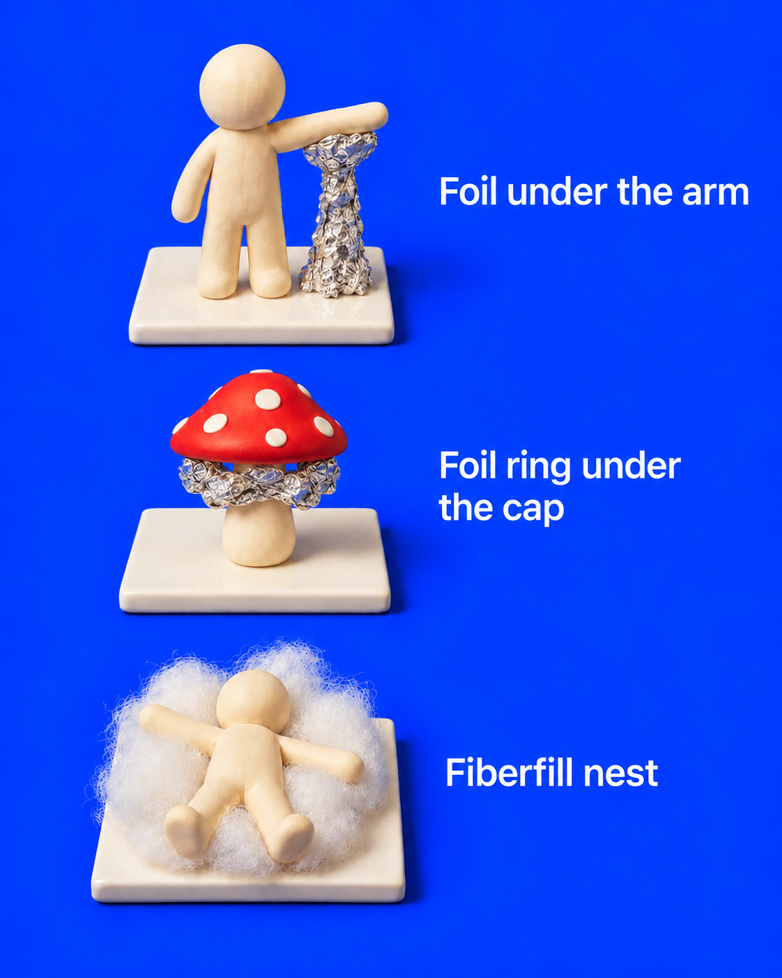 Three clay shapes are supported for baking: foil beneath a raised arm, a continuous foil ring beneath a mushroom cap, and a loose fiberfill nest beneath a reclining figure.
