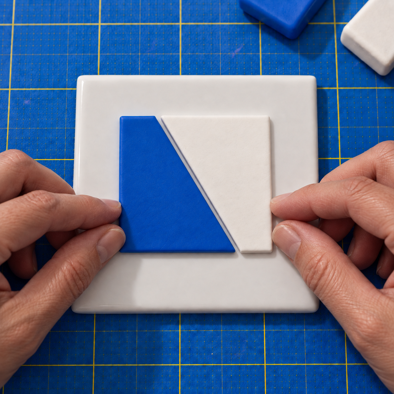 A blue and a white polymer clay rectangle, each cut on the same slope, laid side by side on a white tile with hands at the edges.