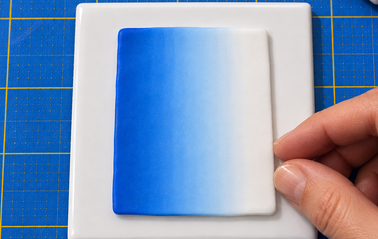 A finished blue-to-white gradient clay sheet lying flat on a white tile, with fingertips resting at its lower right corner.