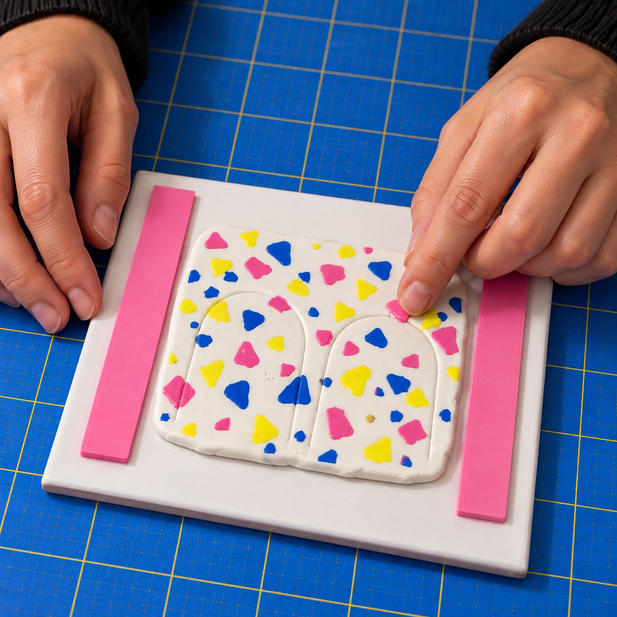 Thin pink, yellow and blue chips scattered over a pale raw slab with two lightly marked arch outlines, beside separate pink slab-height guide rails on a white tile.