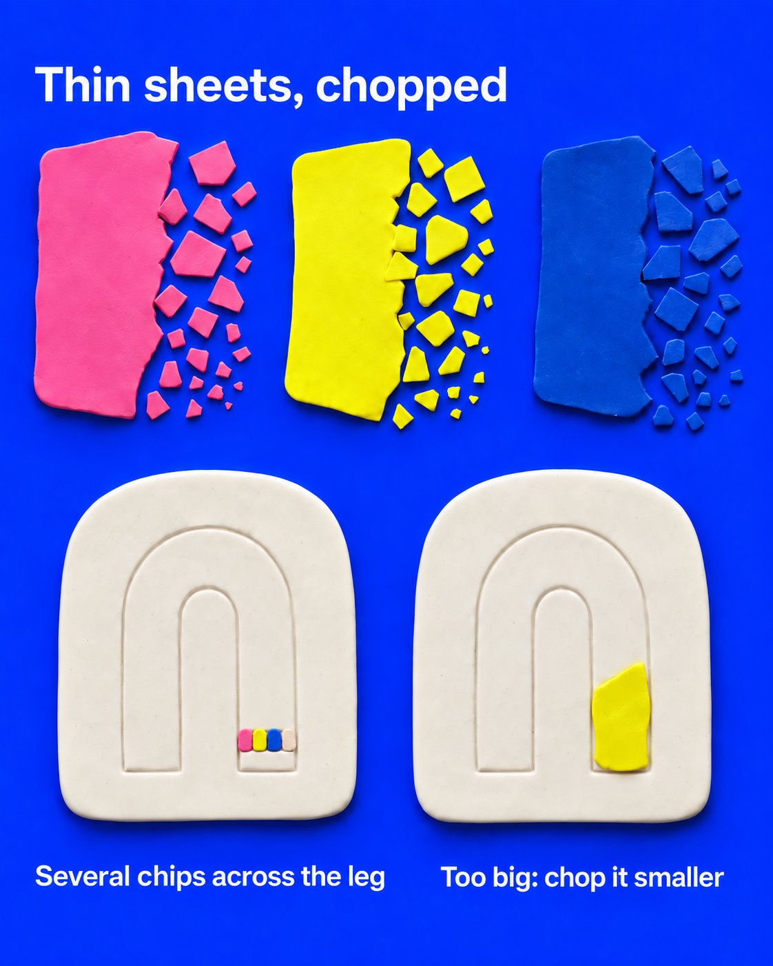 Thin pink, yellow and blue clay sheets chopped into chips, with several small chips across one arch leg and one large yellow chip covering the other.
