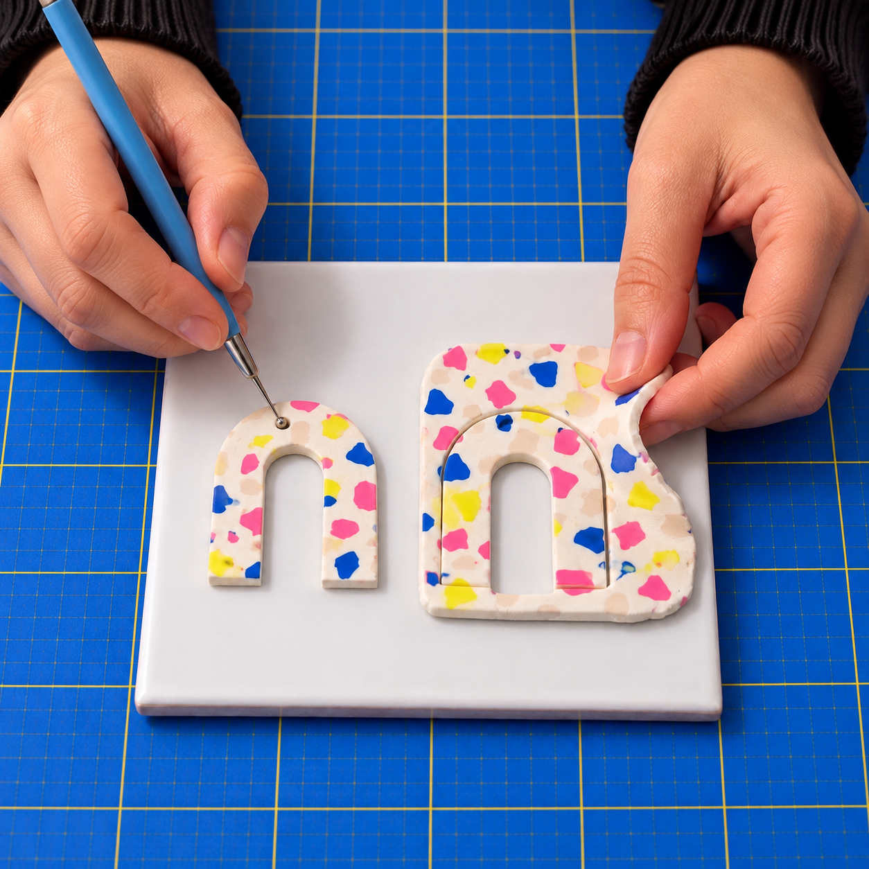Two cream terrazzo arches with pink, yellow and blue chips cut side by side from one slab on a white tile: a needle tool pierces a hole near the top of the left arch while fingertips peel the waste away from the right arch.