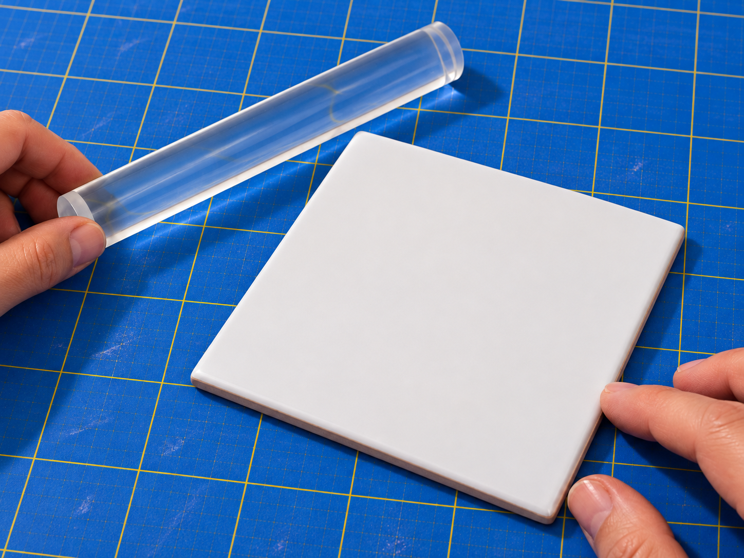 A clear acrylic roller held above a plain white ceramic tile on a blue cutting mat.