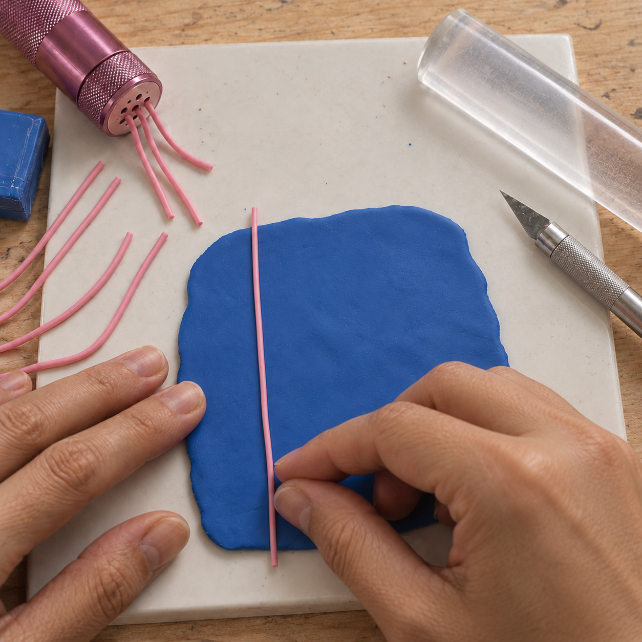 Thin contrasting clay strands laid parallel across a blue slab.