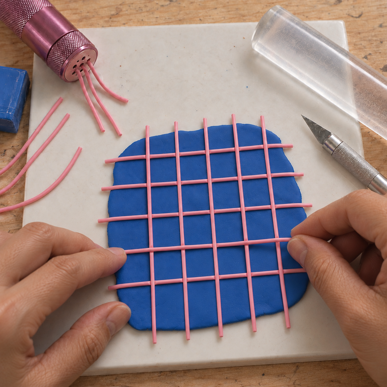 A second set of clay strands crosses the first at right angles.