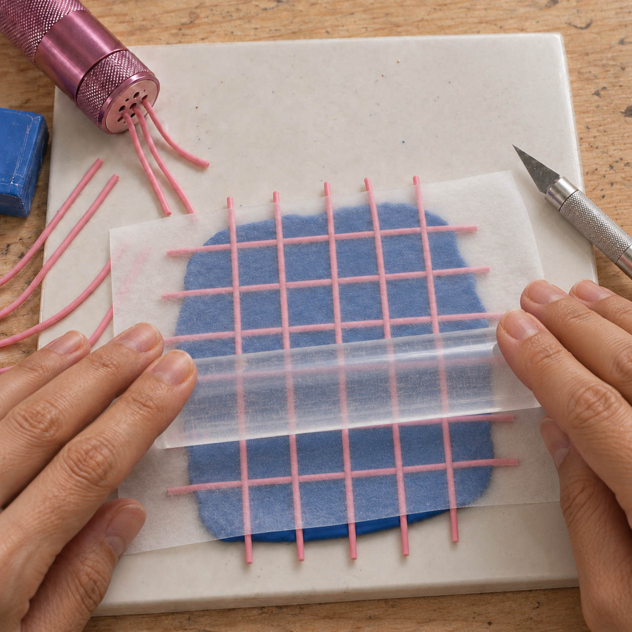 A roller presses the grid-patterned slab through a covering sheet of paper.