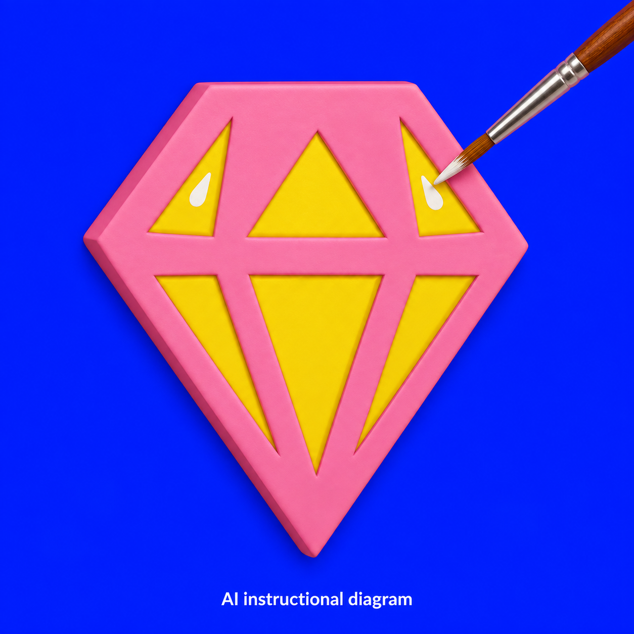 Diagram on a cobalt background of a faceted gem with a pink outline and yellow facets. A fine brush places a small white teardrop highlight in one upper facet, and a matching highlight already sits in the opposite upper facet.