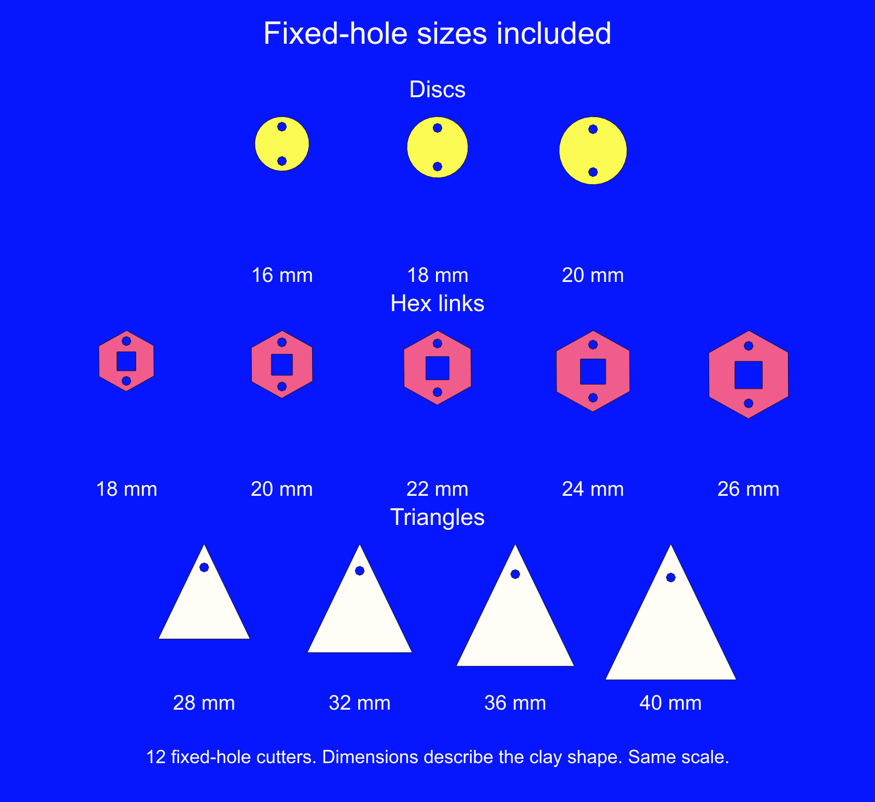Rows of pink 3D-printed disc, hexagon and triangle cutters in several sizes, each with a small hole post inside the cutting wall, laid out on a cobalt background.