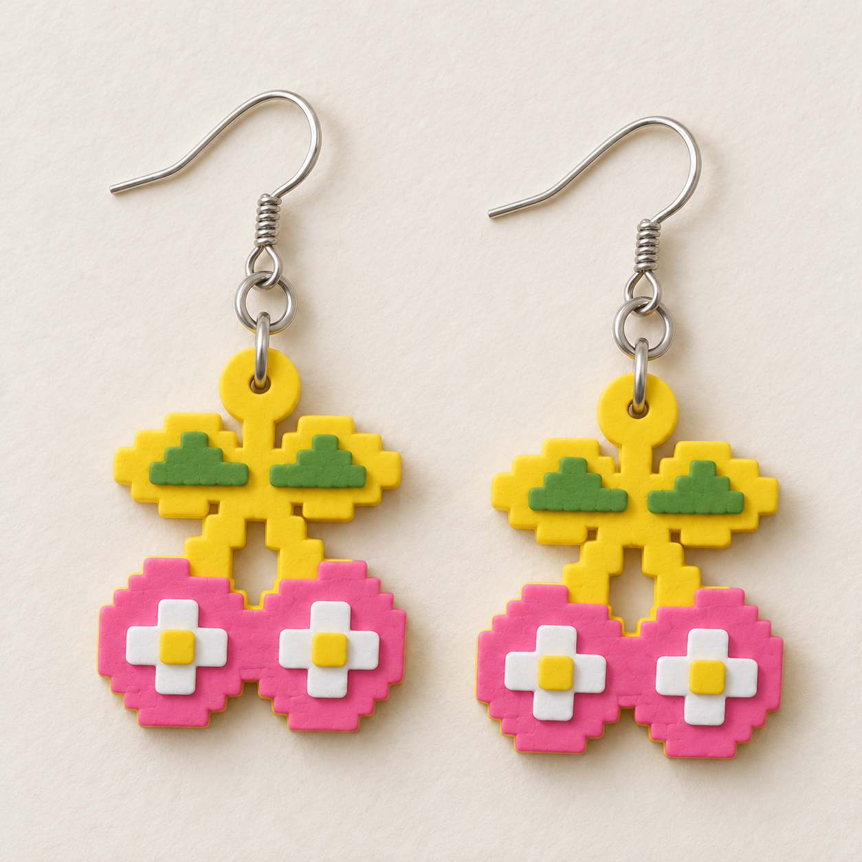 Two layered Pixel Cherry drops on ear wires, with yellow bases, green leaves, pink fruit and white flowers.