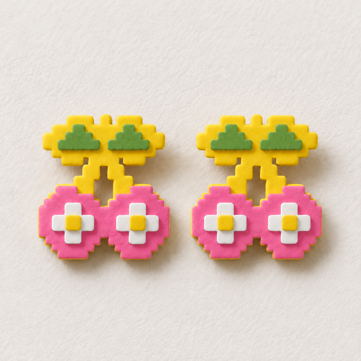 Two small layered Cherry stud fronts with leaves, flowers and square centres, without the upper hanging circles.