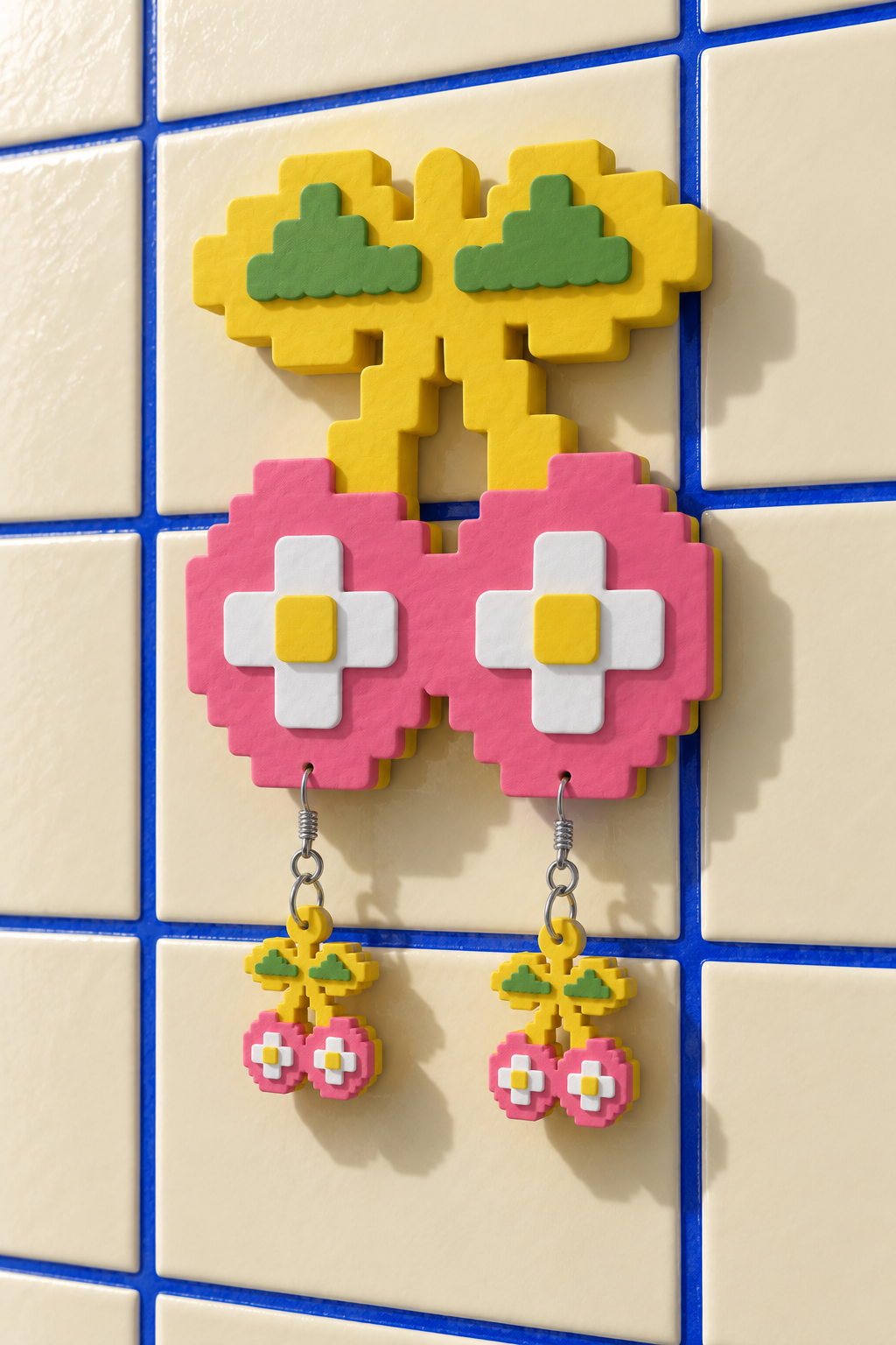 A large layered Cherry wall display holding one pair of matching Cherry drop earrings against cream tiles with blue grout.