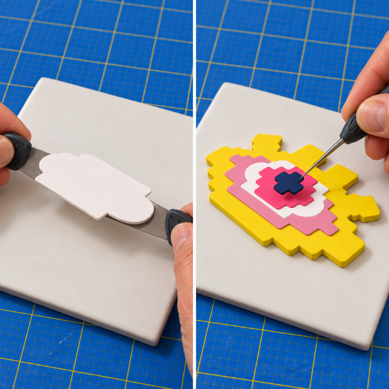Two panels: a thin white clay layer carried on a flat blade over a tile, and a needle tool nudging a navy pupil on a layered pixel eye
