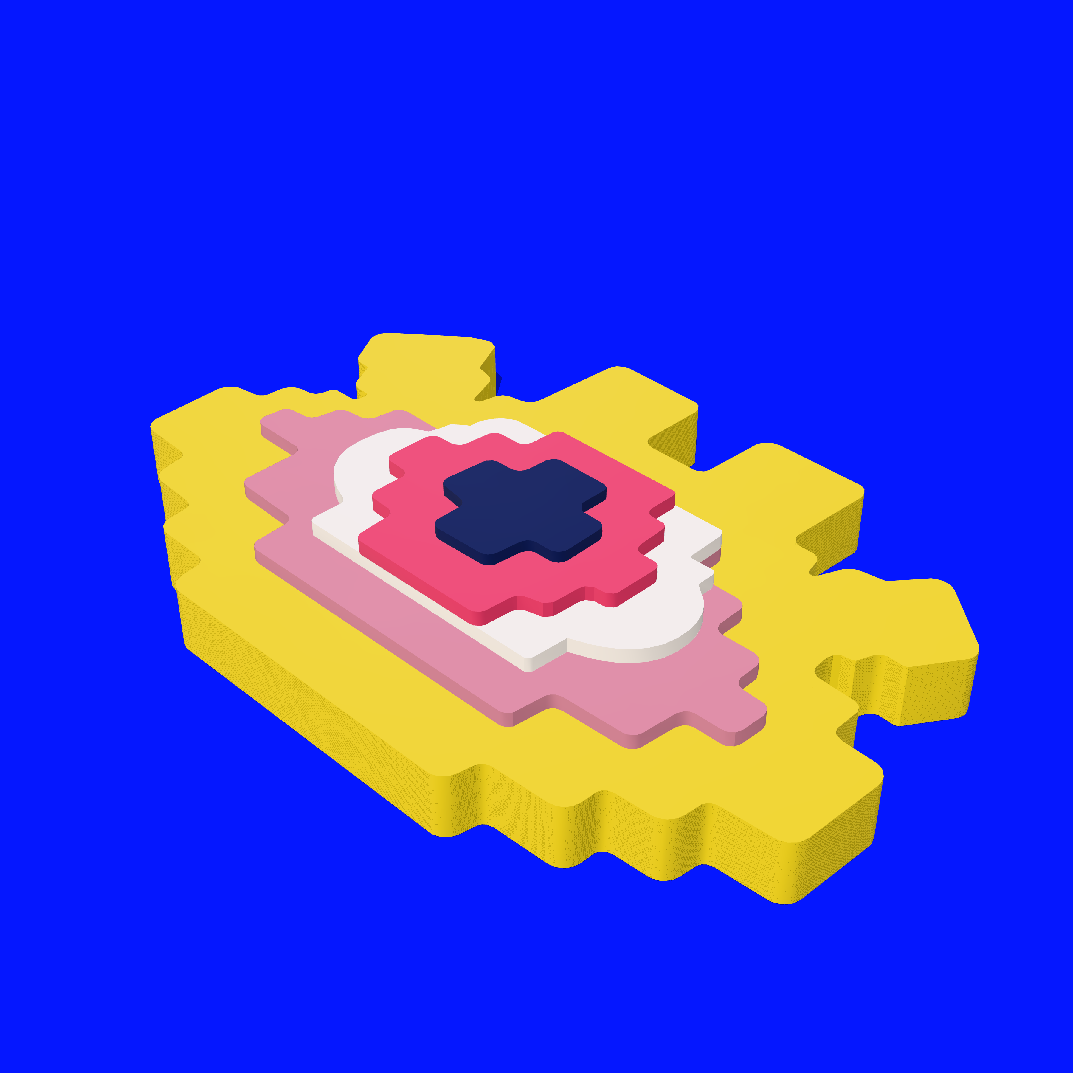 Yellow, pink, white, red and navy stepped layers form a pixel eye brooch.