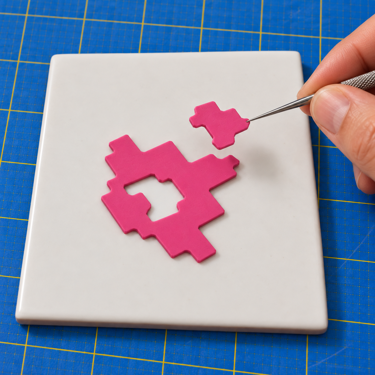 A needle tool lifting a small plug out of a magenta pixel flame centre on a white tile
