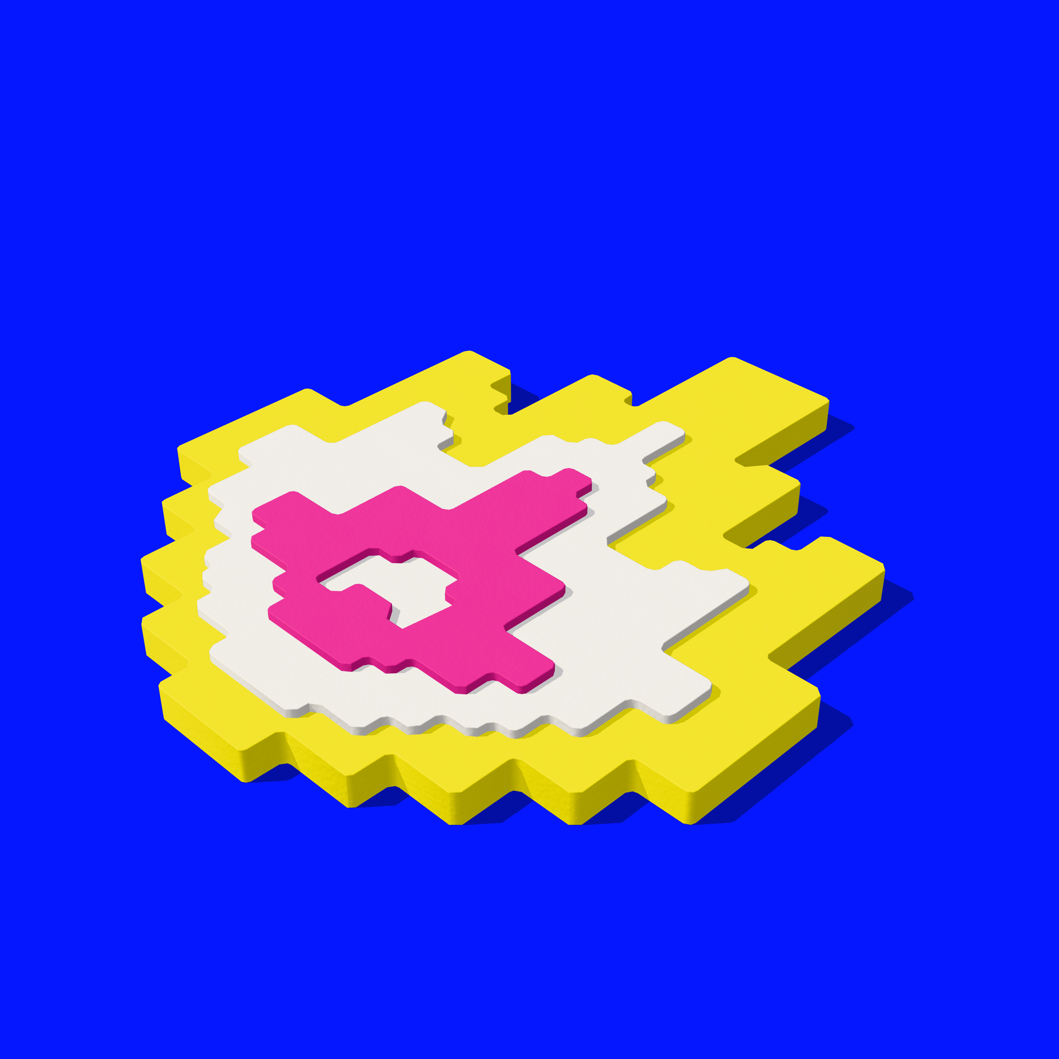 Stepped yellow, white and pink layers form a pixel flame earring.