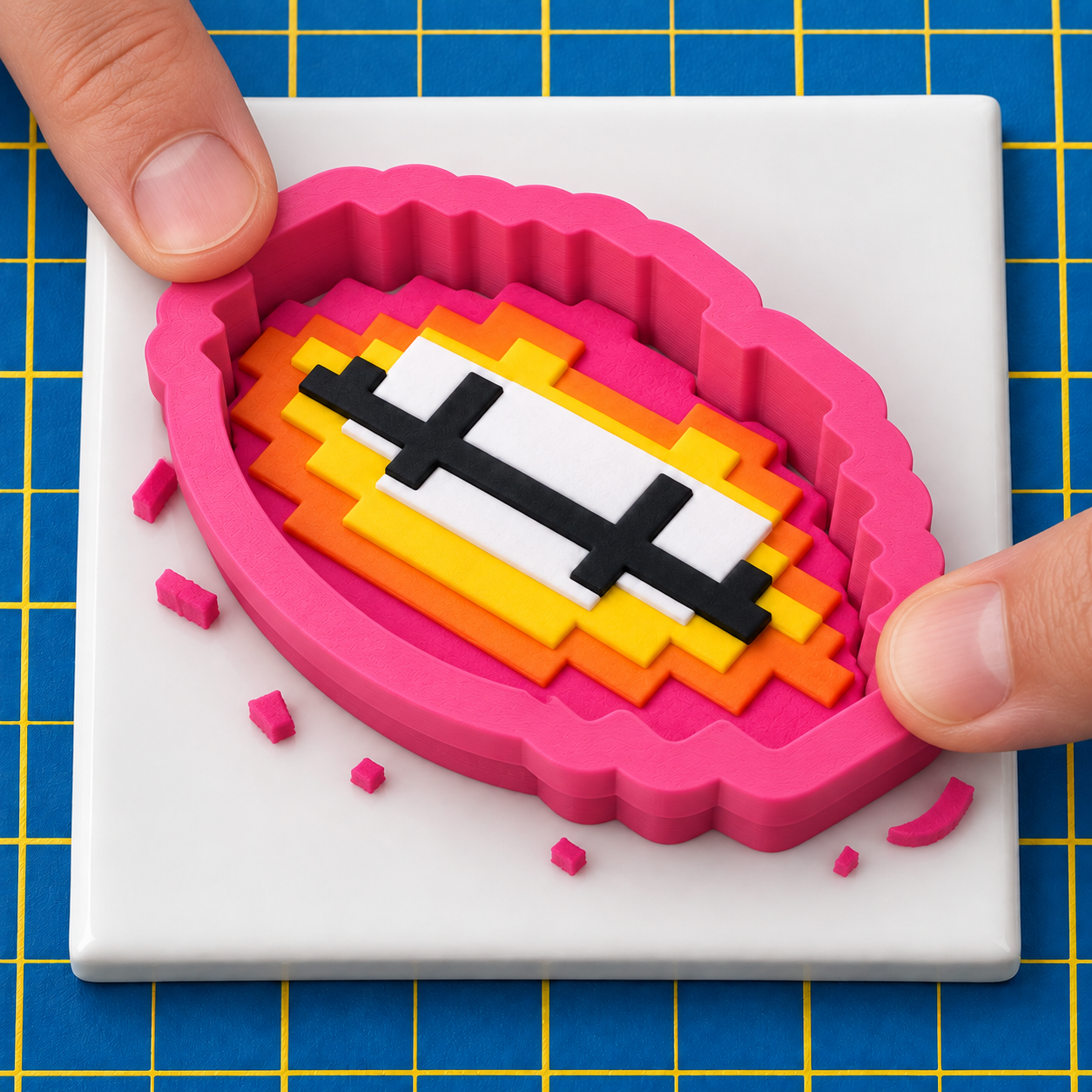 A pink base cutter pressed over a layered pixel lips stack on a white tile, with small trimmed scraps around it