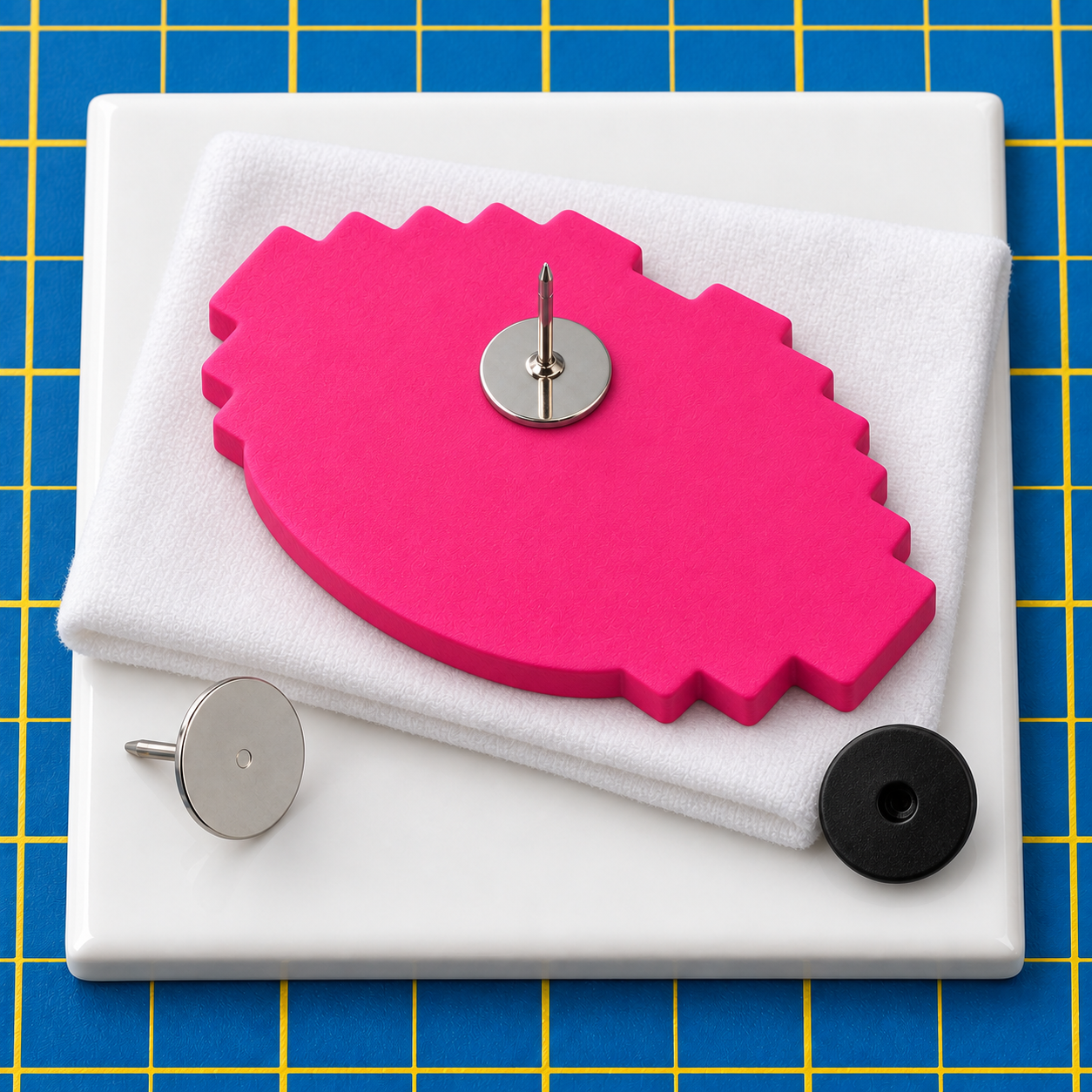 Diagram of a pink stepped pixel lips shape lying face-down on a folded white cloth on a white tile over a blue grid mat, with a silver tie-tack pad on the upper part of its flat back and the post pointing up, and a spare tie-tack and a black clutch on the tile beside it
