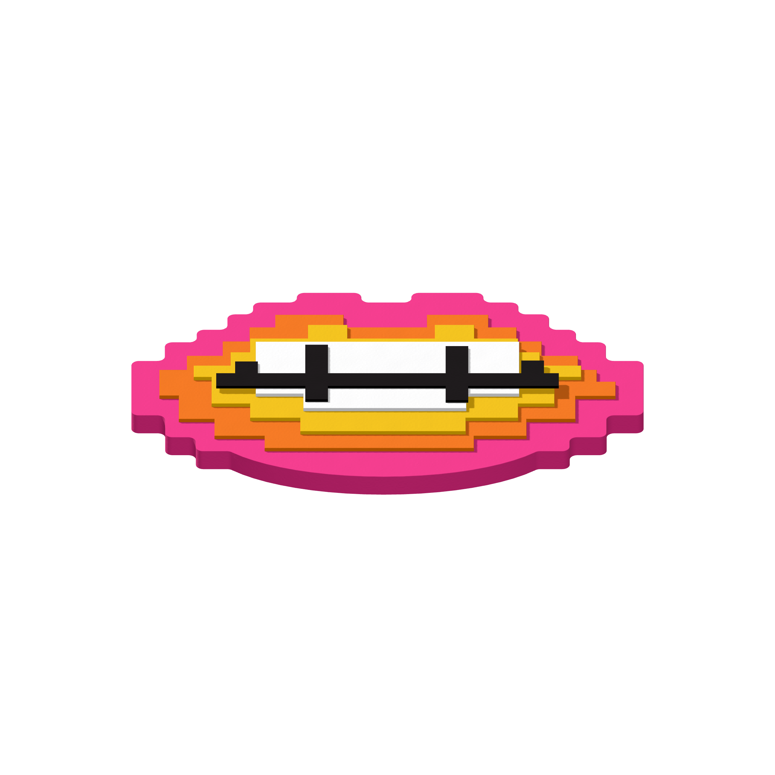 Pink, orange, yellow, white and black layers form a pixel lips brooch.